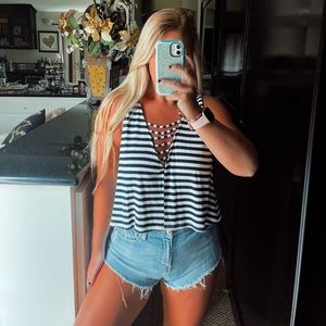 Blue and white stripped cut out tank top